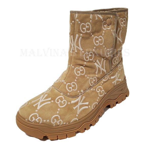 GUCCI BOOTS MENS GG LOGO YANKEES SUEDE ANKLE SHEARLING LINING  sz 12 12.5 main image 16